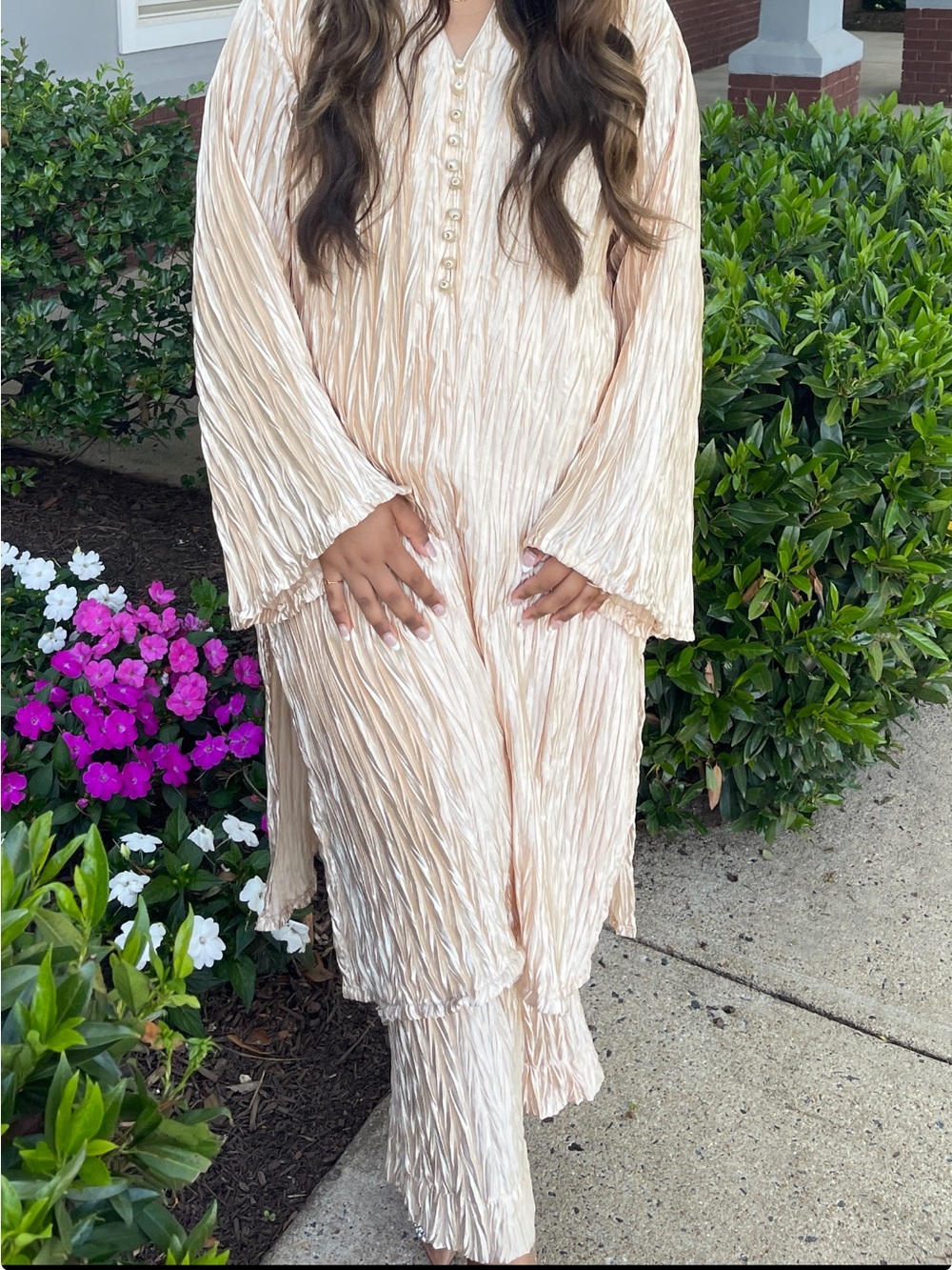 Elegant Cream Pleated Plisse Two-Piece with Button Detail